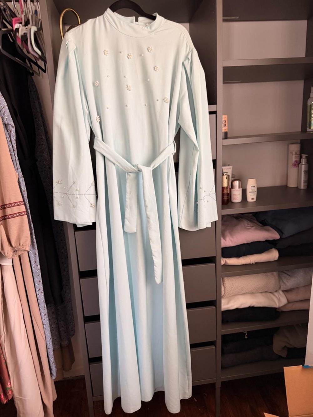 Light Blue Long Sleeve Maxi Dress with Waist Tie